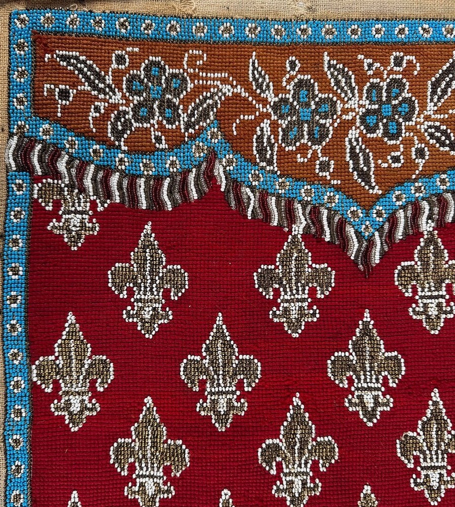 Fine Antique Beadwork Needlepoint Fire Screen Panel, Unused. French Fleur de Lys