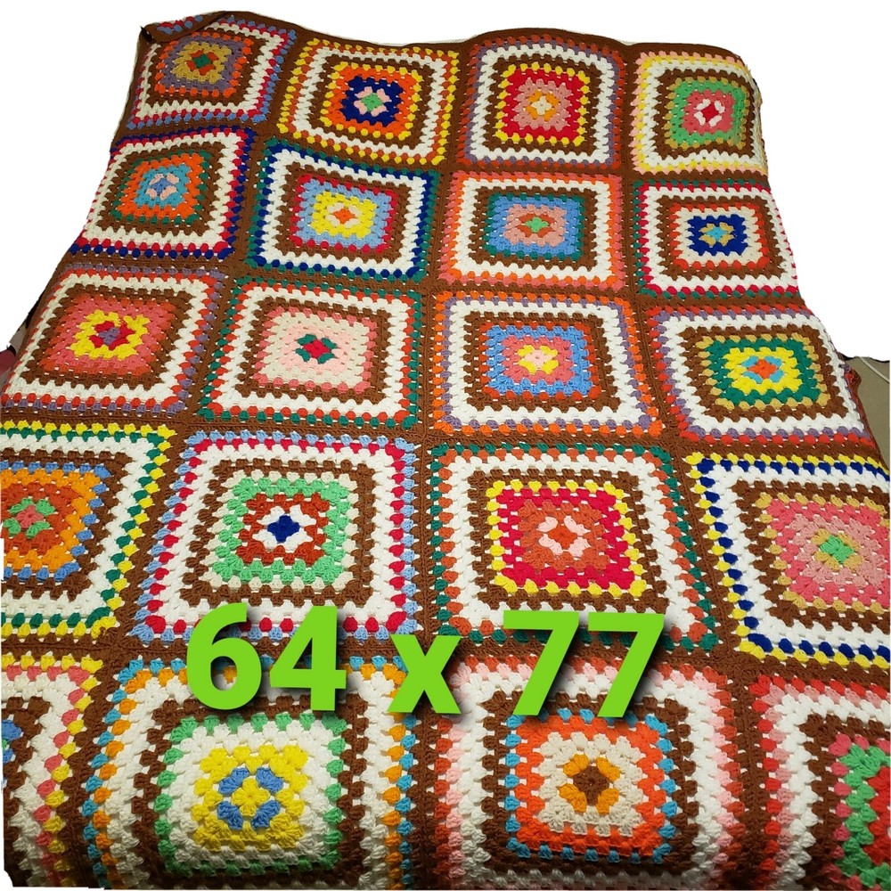 Hand Made Granny Square Afghan Bedspread Blanket Multi Colored Background 64x77