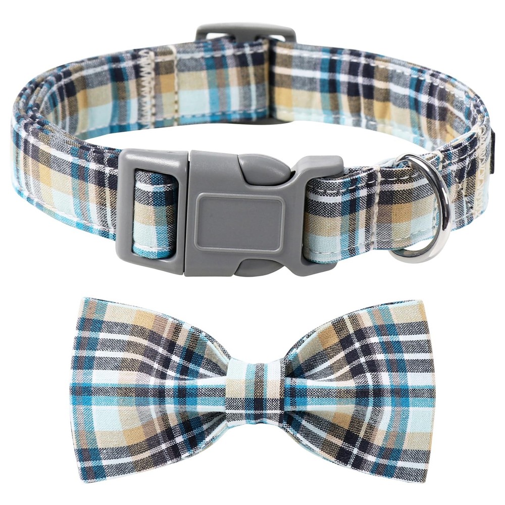 Dog Cat Collar Bowtie Grid Pattern Plastic Buckle Adjustable Small Medium Pet