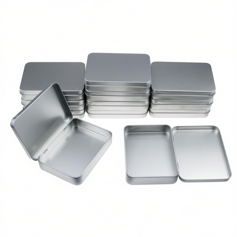 12 Pieces Rectangular Metal Empty Hinged Tins Containers Basic Necessities Ho...