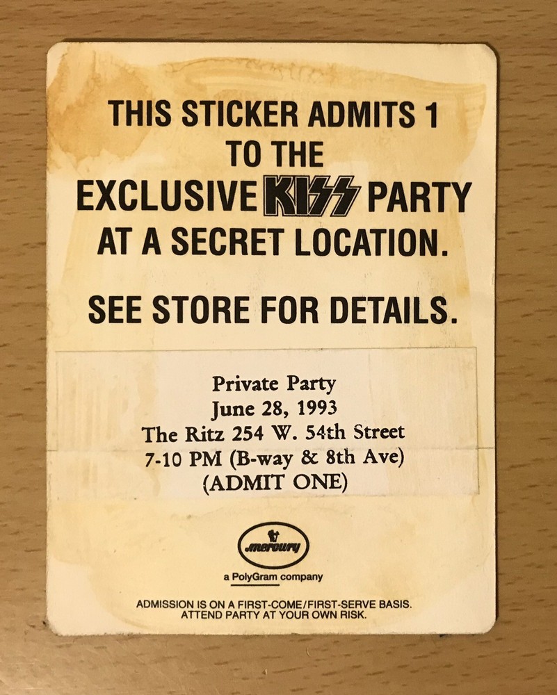 1993 KISS ALIVE III PRIVATE PARTY 6/28 THE RITZ NEW YORK CONCERT BACKSTAGE PASS