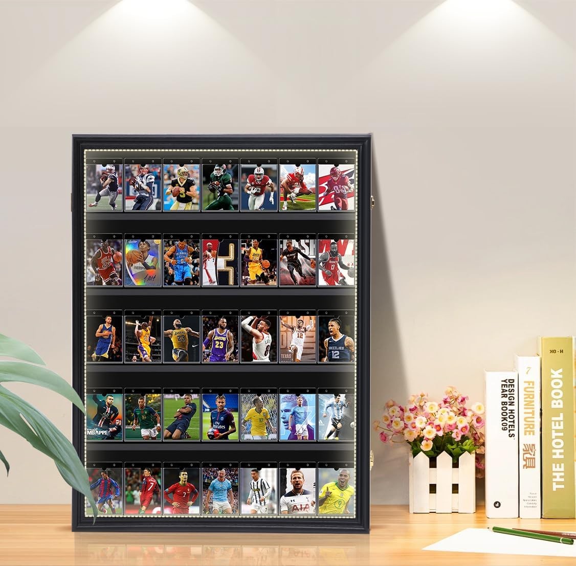 Graded Trading Card Display Case 35 LED Light Sport PSA Slabs Wood Wall Cabinet