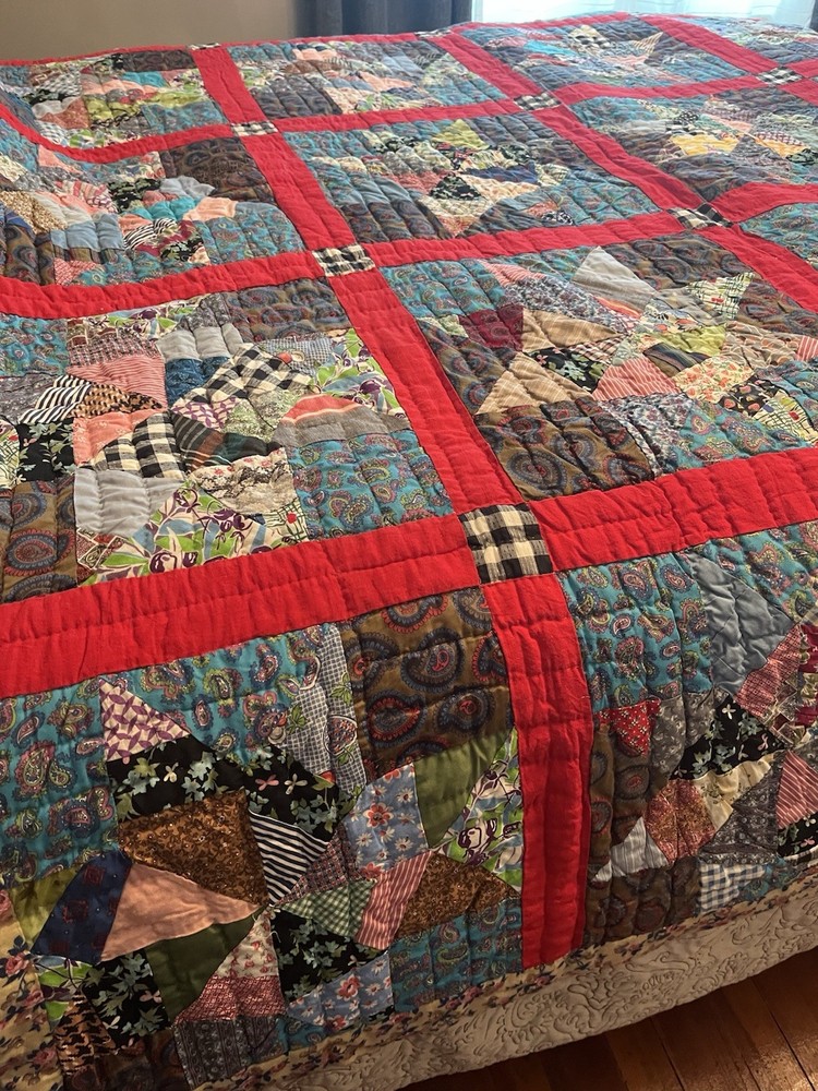 Vintage Handmade Quilt Scrap Star Patchwork Bedspread