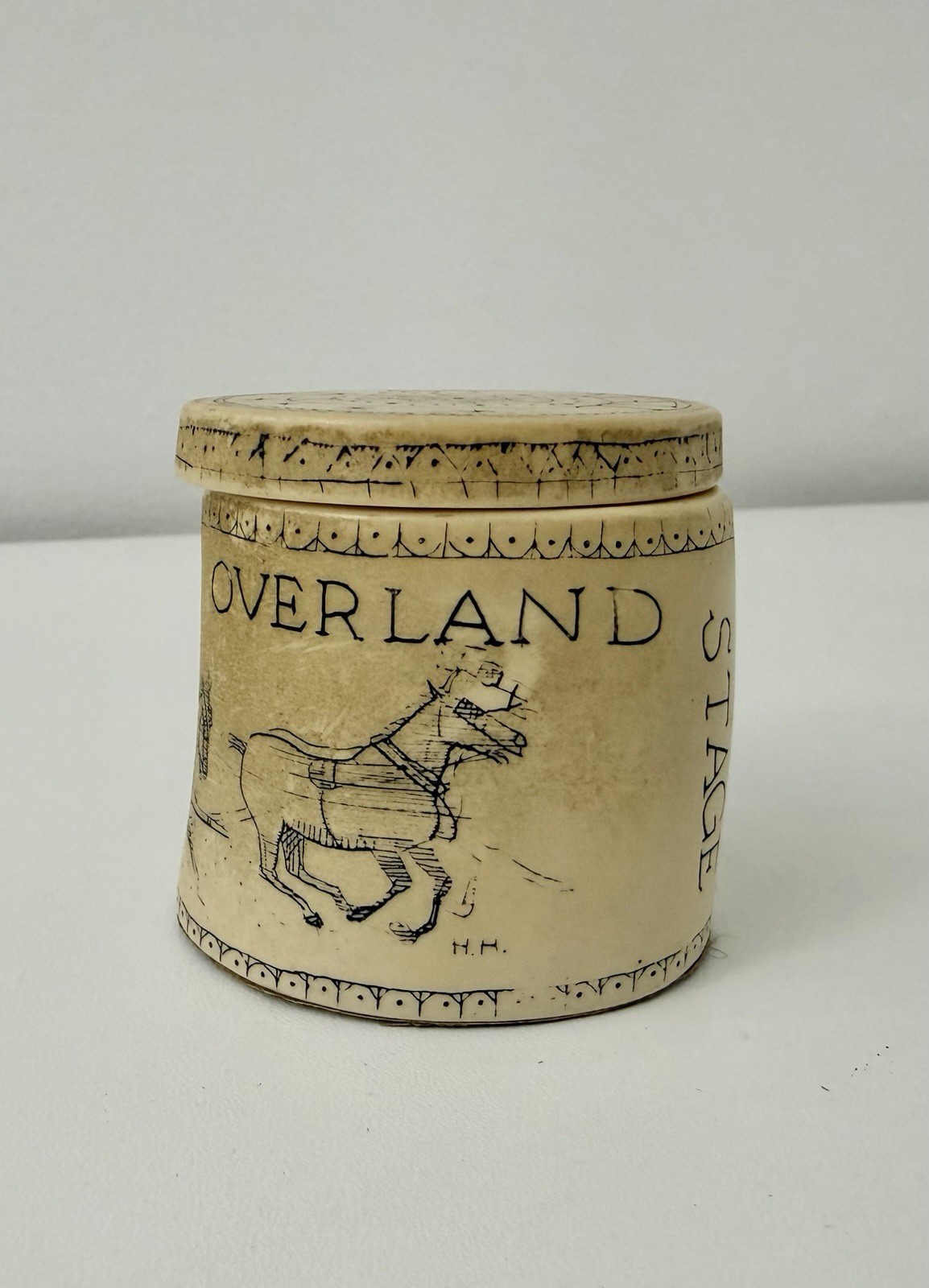 Wells Fargo Scrimshaw Stamp Dispenser with Lid Vintage Stamp Holder