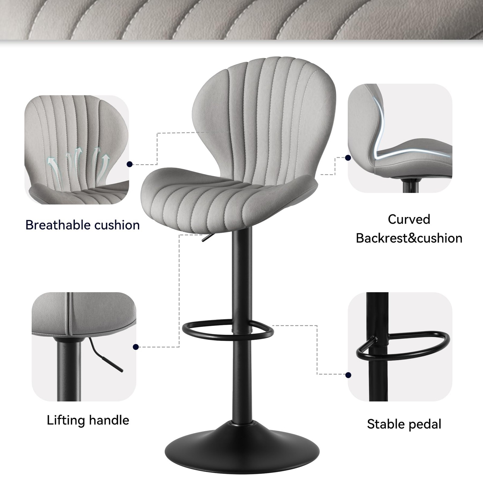 Modern Adjustable Swivel Bar Stools Set of 2 Light Grey for Kitchen Island