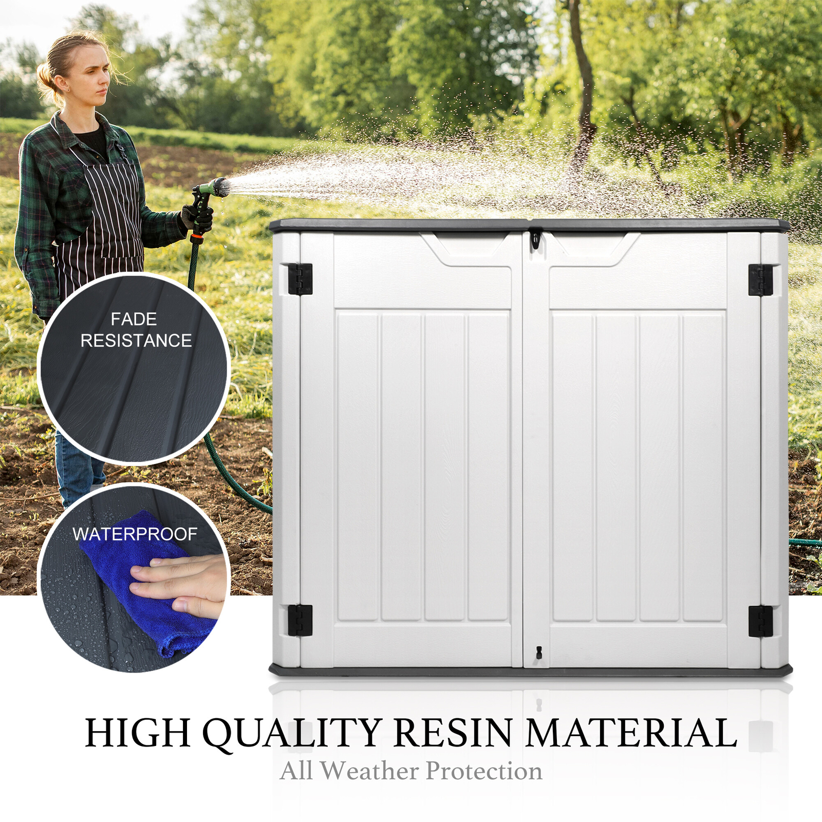 47 Cu.Ft Outdoor Storage Box Horizontal Resin Patio Garden Shed w/ Lockable Door