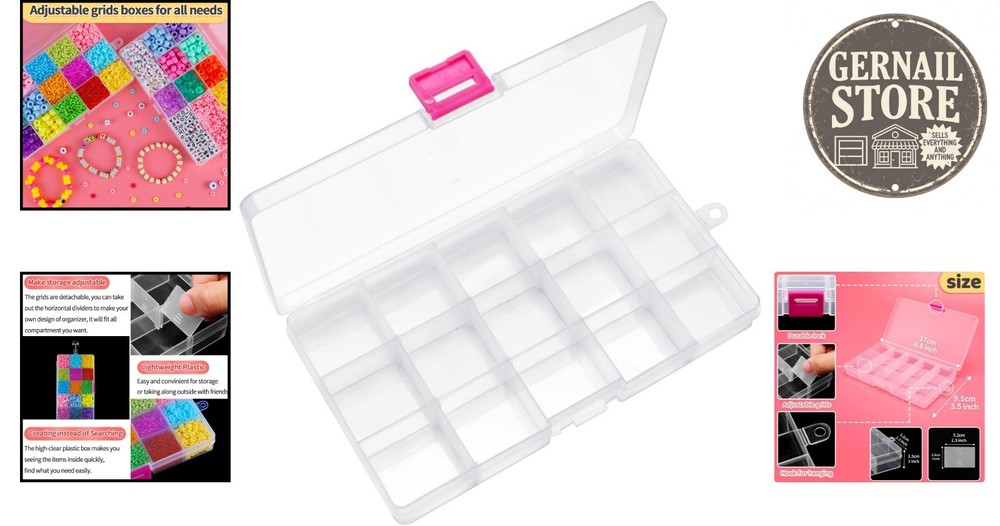 Clear Plastic Bead Box with Secure Lock and Customizable Grids - 15 Compartment