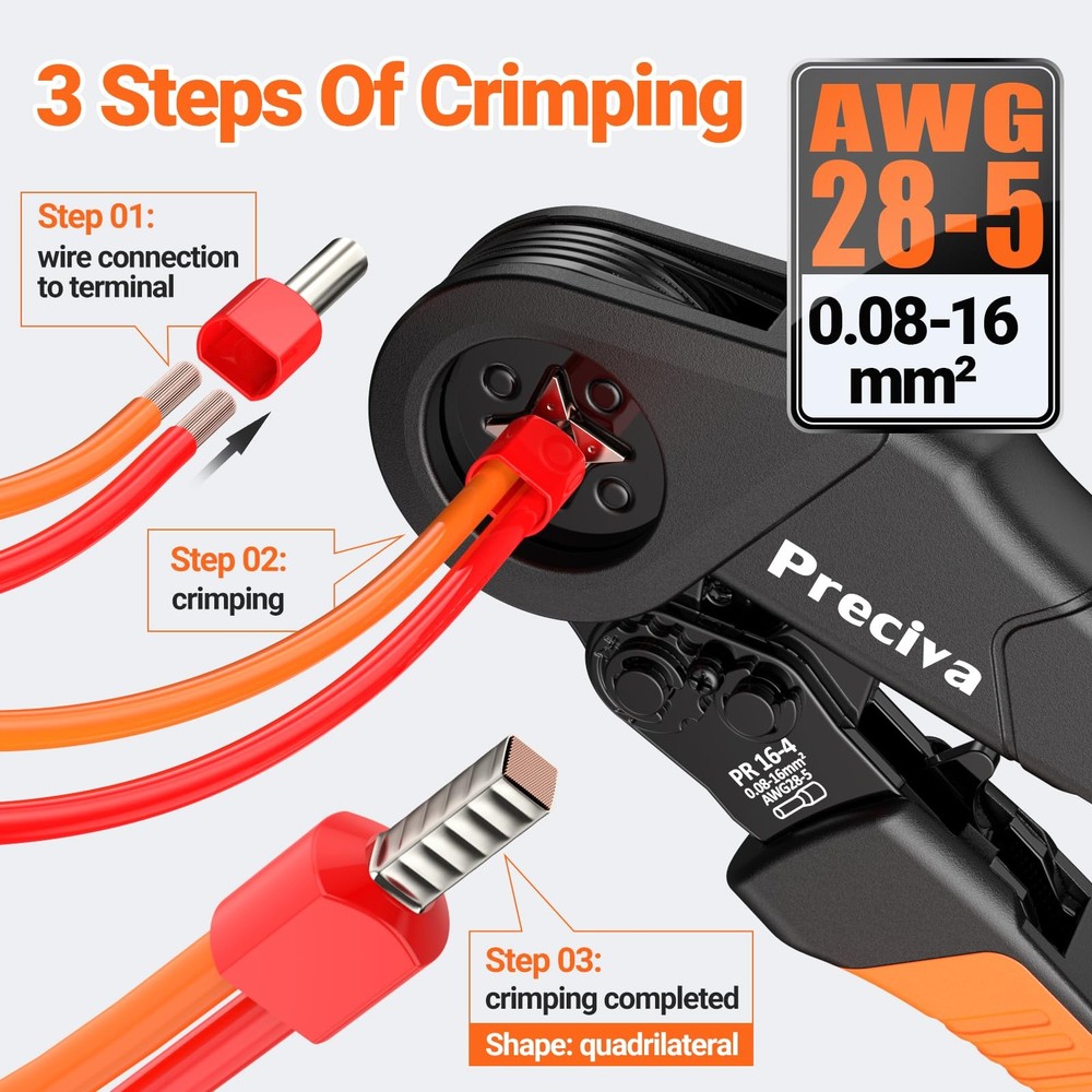 Preciva Ferrule Crimping Tool Kit with Portable Suitcase, Square Silver