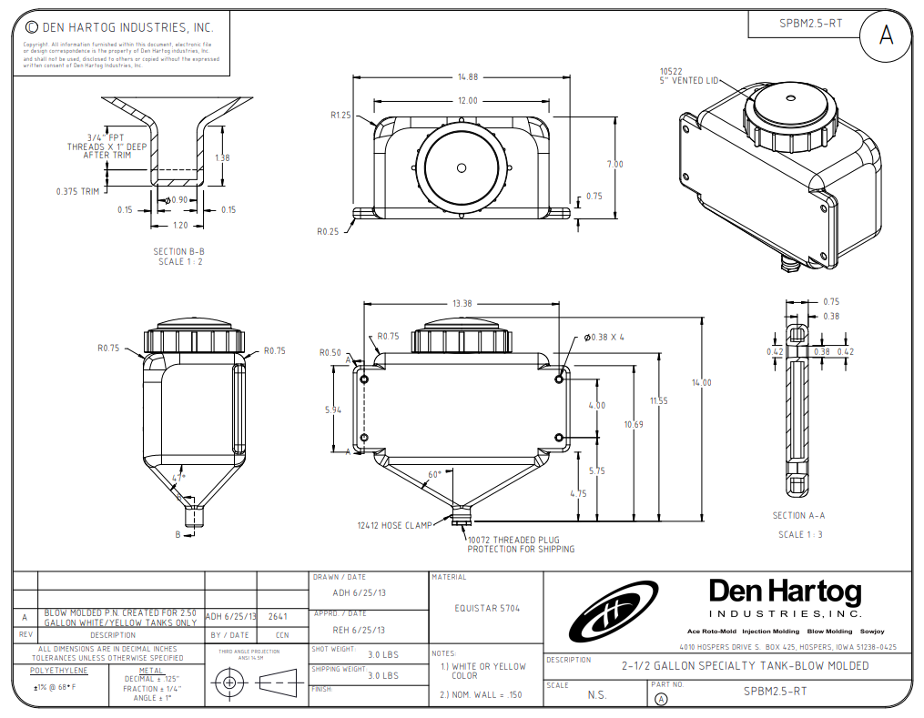 SPBM2.5-RT Ace Roto-Mold 2.5 Gallon Rectangle Blow Molded Cone Bottom Tank