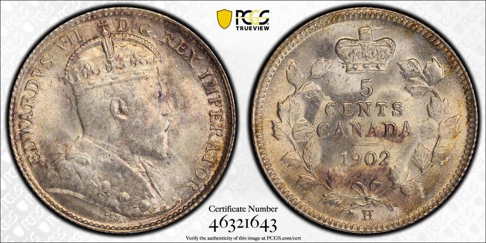 1902-H Canada 5 cents silver Large H PCGS MS65