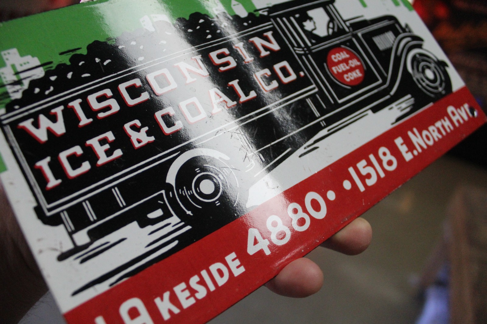 RARE WISCONSIN ICE AND COAL DEALER PORCELAIN METAL SIGN TRUCK GAS OIL MILWAUKEE