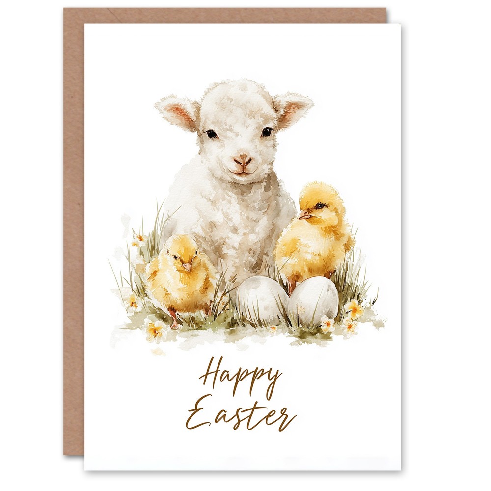 Happy Easter Greeting Card – Lamb and Chicks Design, Blank Inside