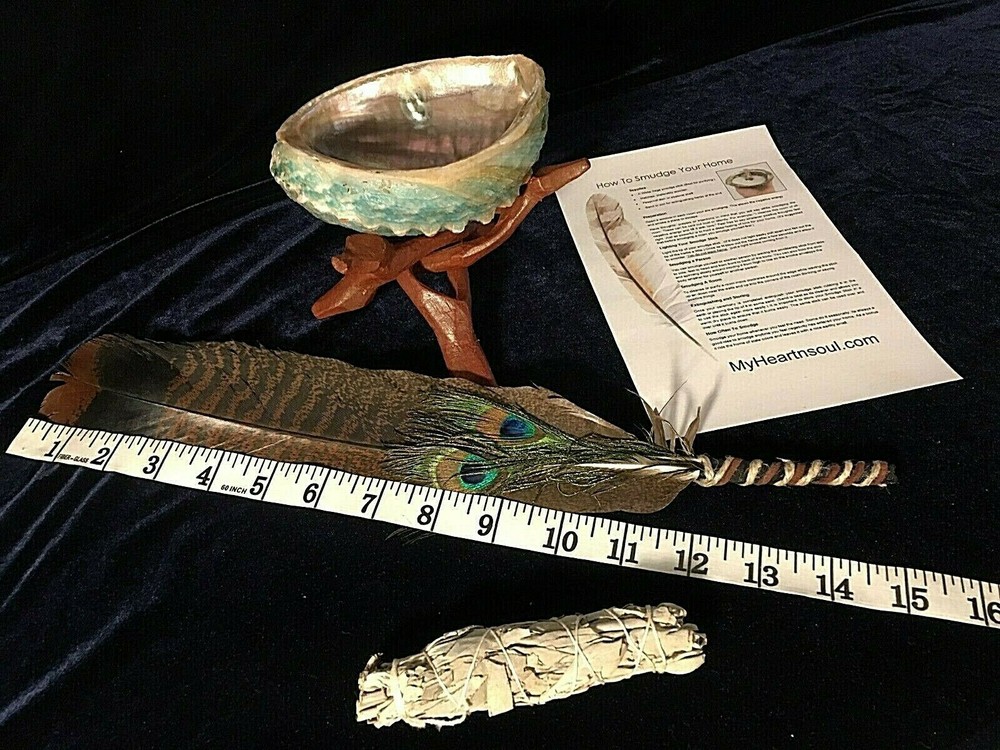COMPLETE SMUDGE KIT ABALONE SHELL STAND SAGE FEATHER ENERGY CLEANSING CLEARING