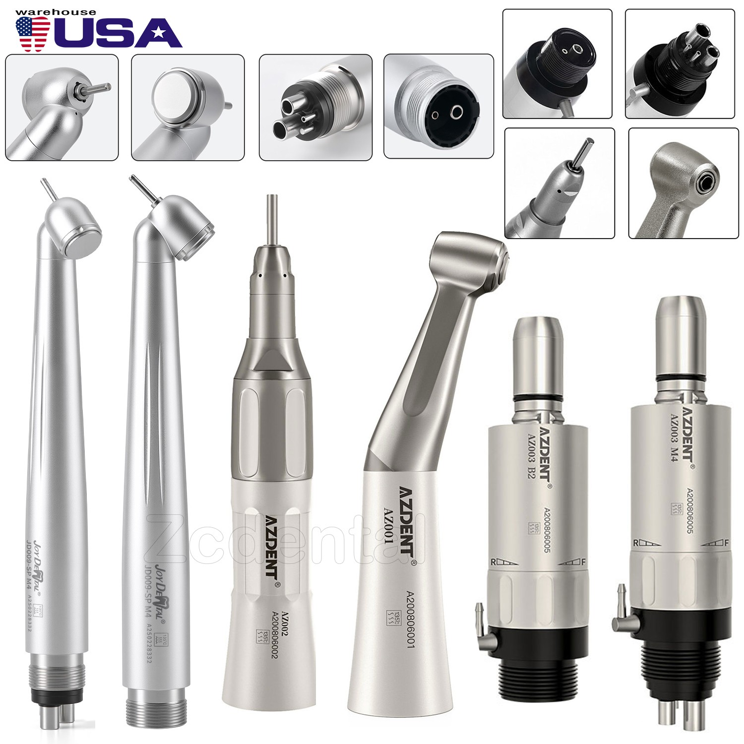 AZDENT Dental Slow Low Speed Handpiece Air Motor Straight Contra Angle 2/4 Holes