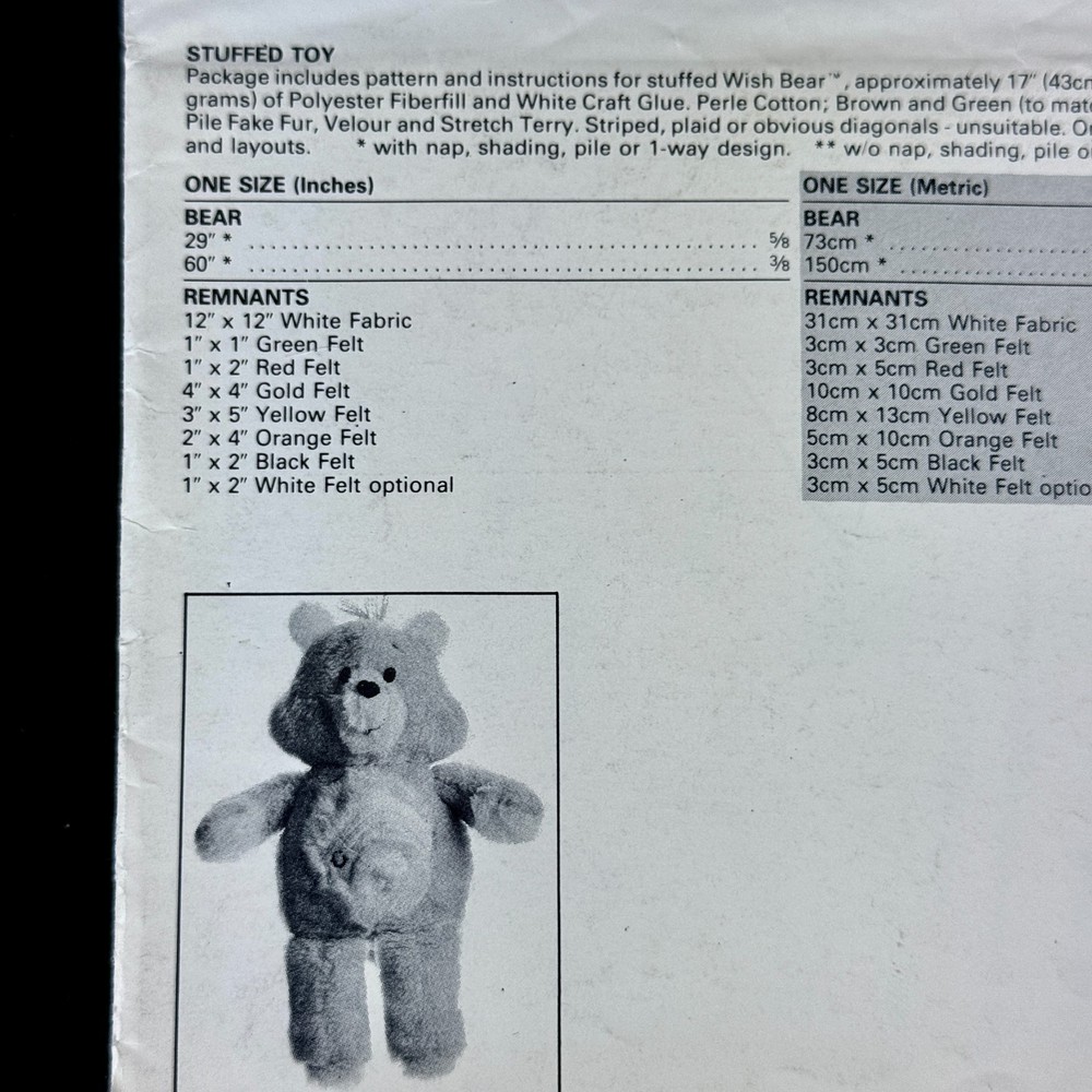 1983 Care Bear Wish Bear Butterick Pattern 6234 Cut Complete