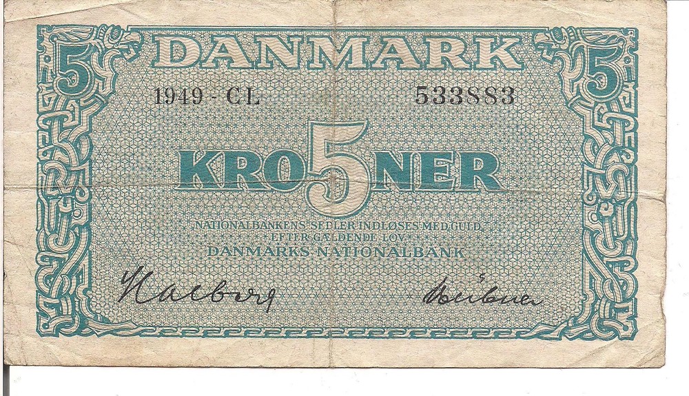 DENMARK, 5 KRONER, P#35f, 1949