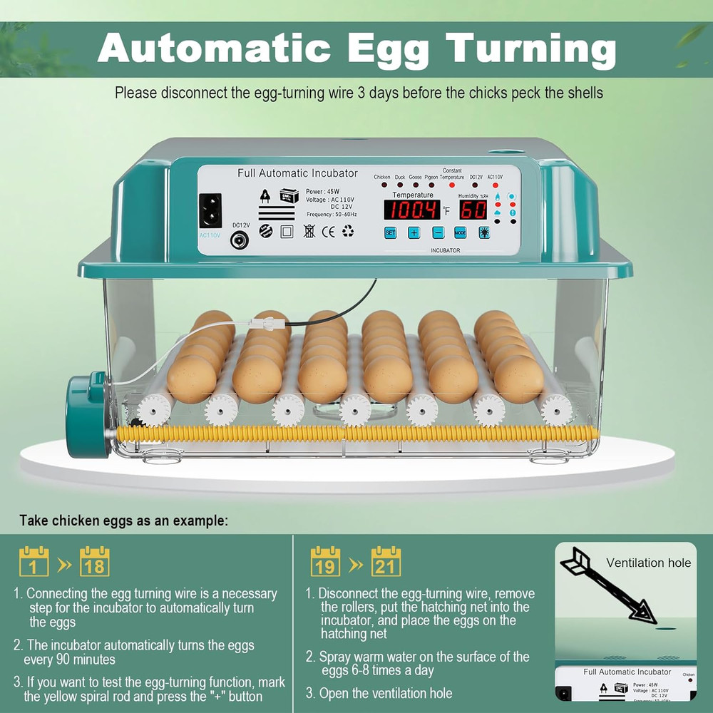 36-Egg Automatic Incubator with Humidity Control and Egg Turning Features