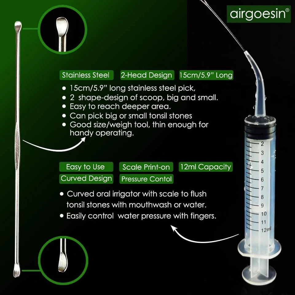 Upgraded 2 Lighted Tonsil Stone Remove Tool Tonsillolith Pick + Irrigation Clean