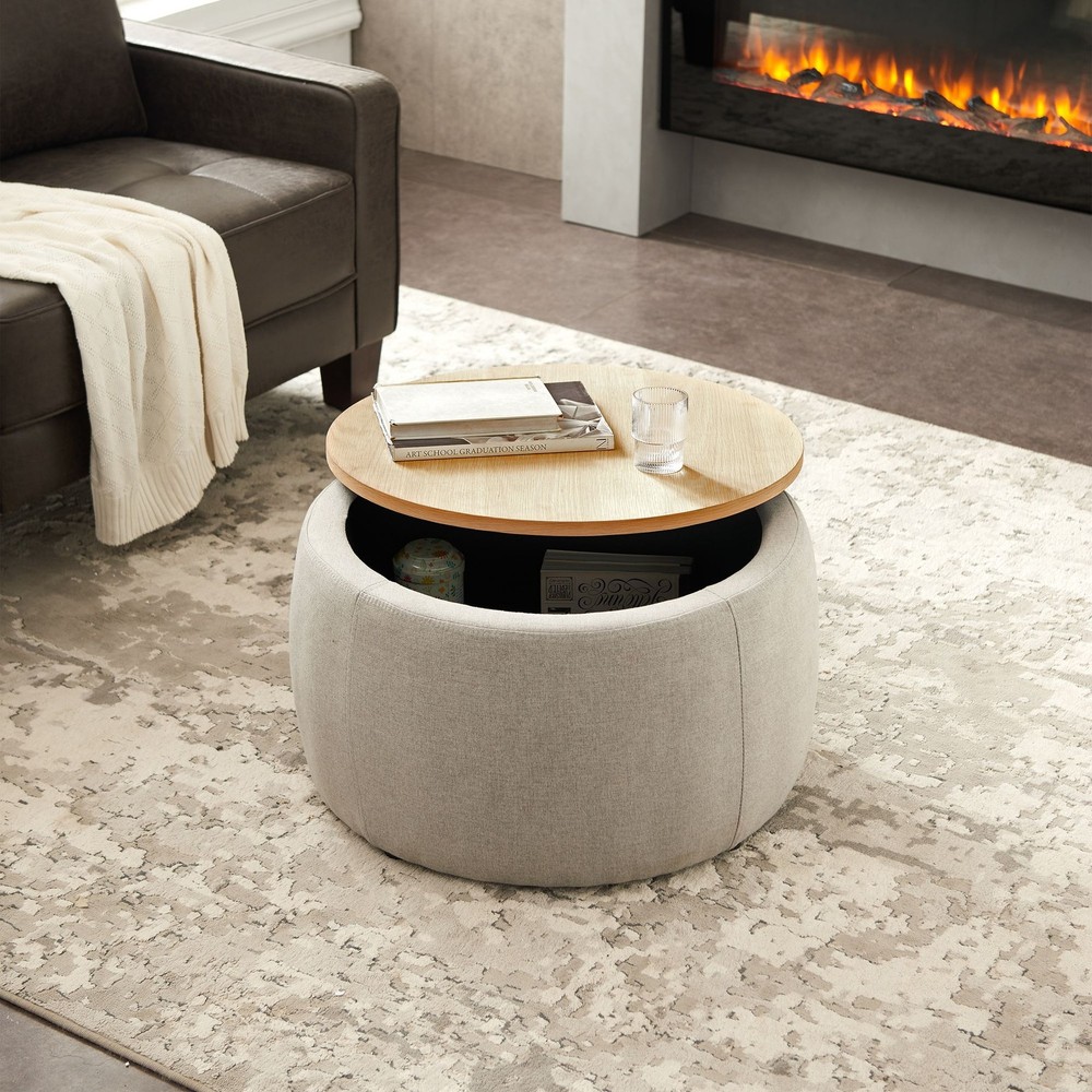 Round Ottoman; 2 in 1 Function with storage - wood & grey