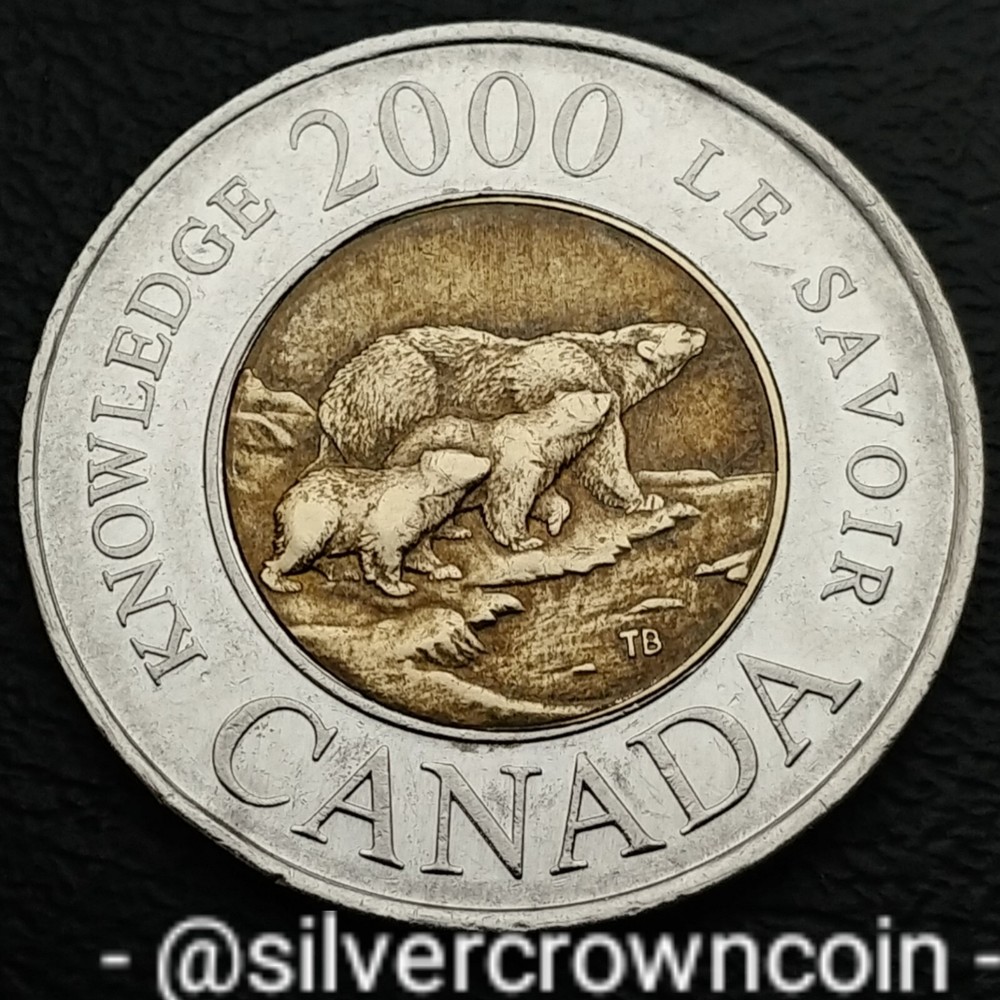 Canada 2 Dollars 2000. Bi-metallic 2$ coin. Polar Bear and Two Cubs. Knowledge.