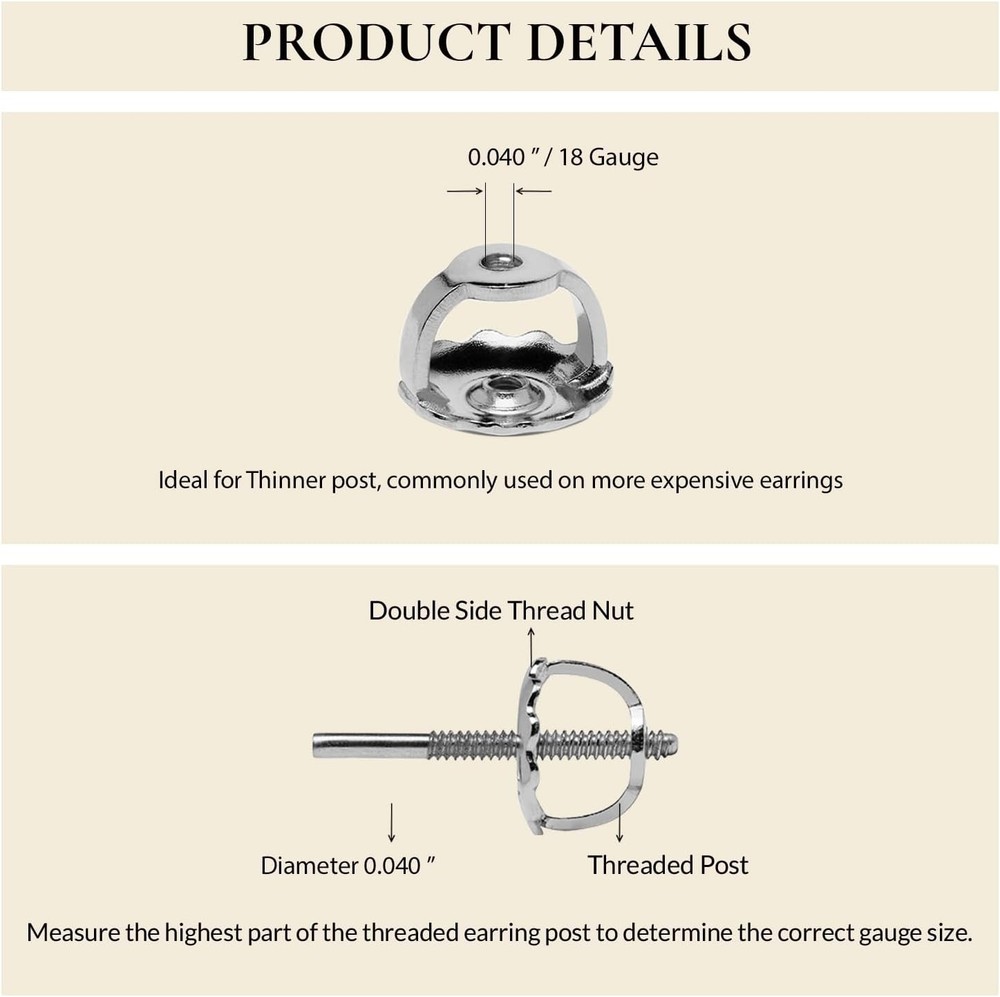 Solid 14K White Gold Earring Back Replacement – Secure Fit .040" Size, Gift Box
