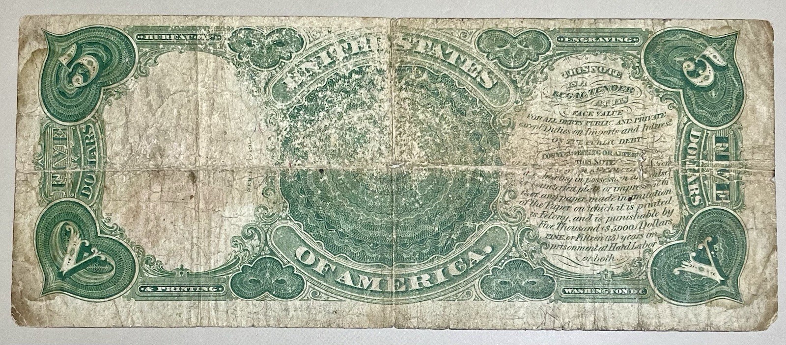 US 1907 $5 Large Note Five Dollar Bill Red Seal Woodchopper (see description)