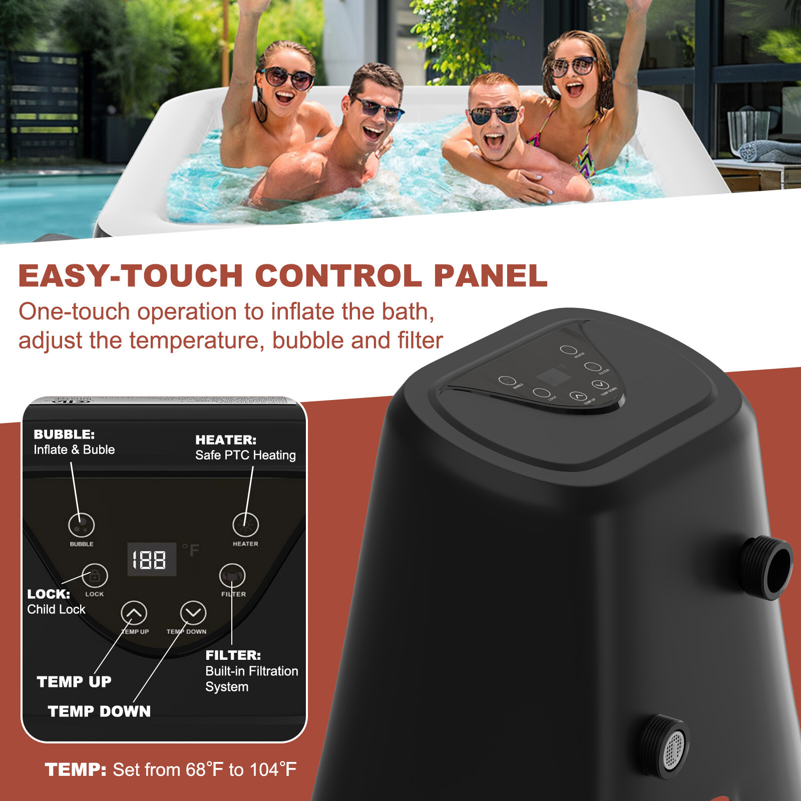 SLSY Inflatable Hot Tub 6 Person Large Square Hot Tub 73X73X25" Blow up Hot Tub