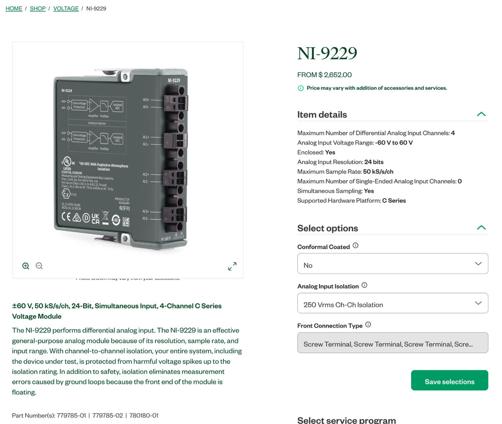 National Instruments NI-9229 Analog Input Module +/- 60V 24bit