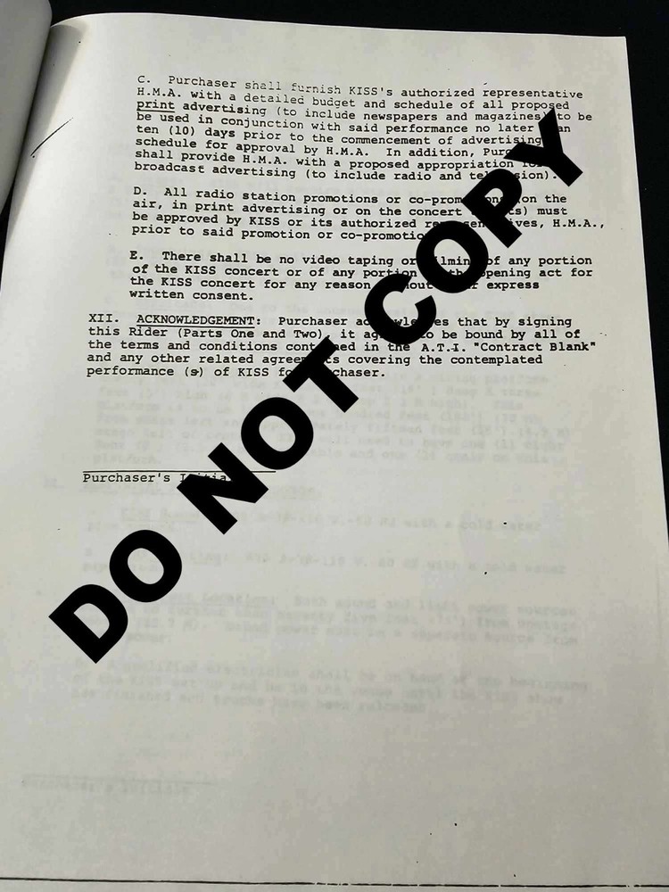 KISS Contract Rider 1982/83 PHOTOCOPY