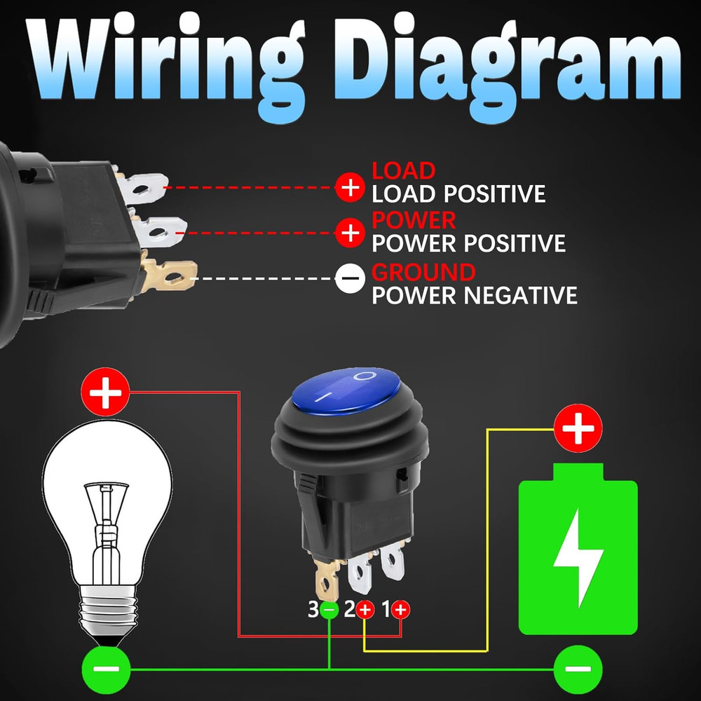 Round Rocker Switch, Toggle Switch 12V, Waterproof Lighted LED On/Off Switch for