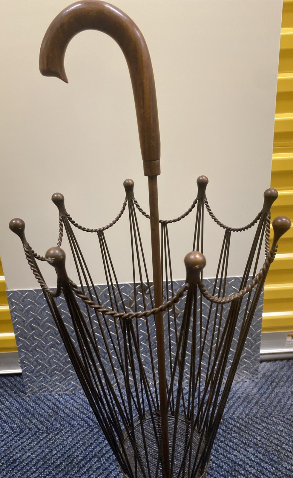 MCM Umbrella Shaped Stand Canes Umbrellas Copper Wire Wood handle 32” X 11.5”