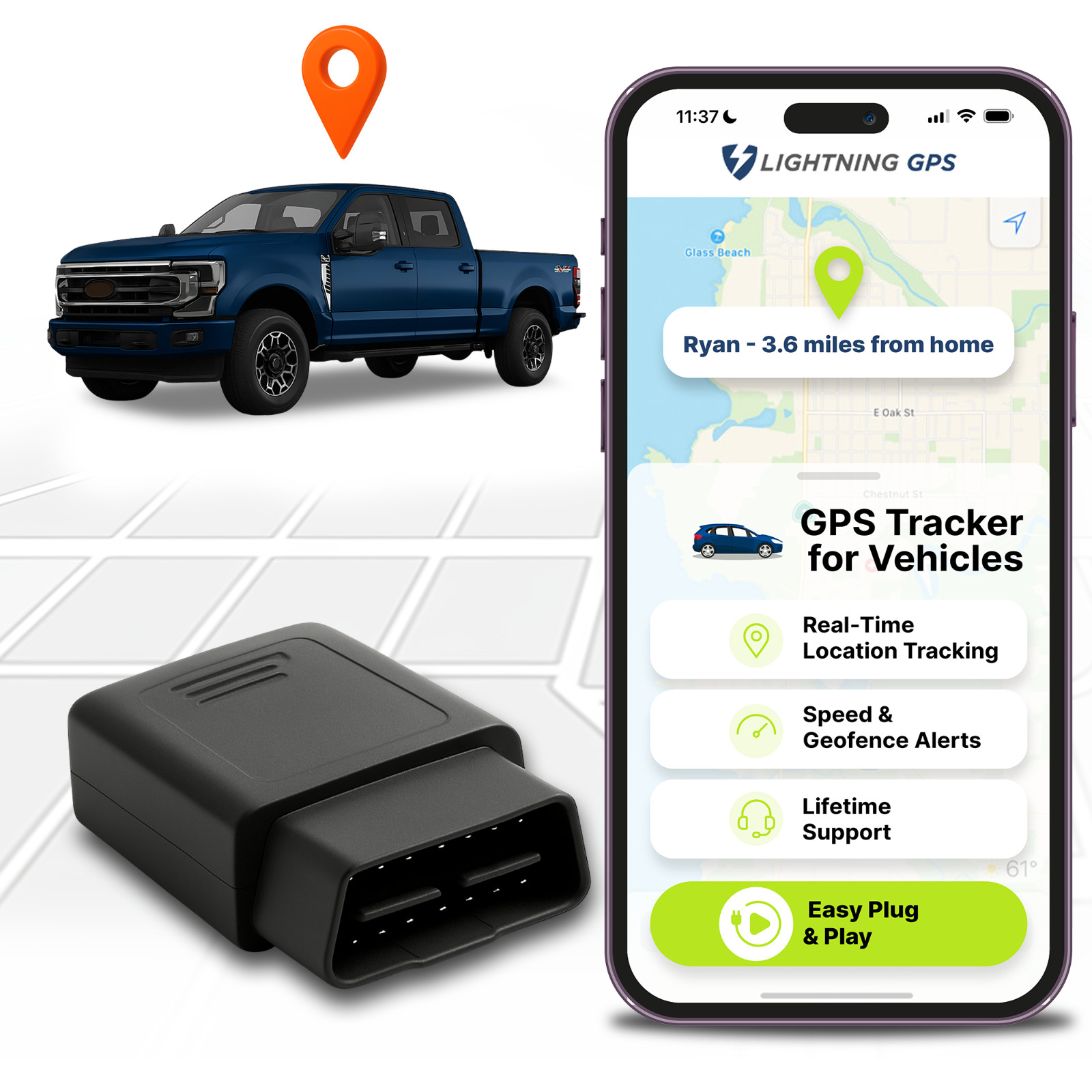 Lightning GPS OBD-II GPS Tracker for Vehicles - Cars Hidden GPS Tracking Device