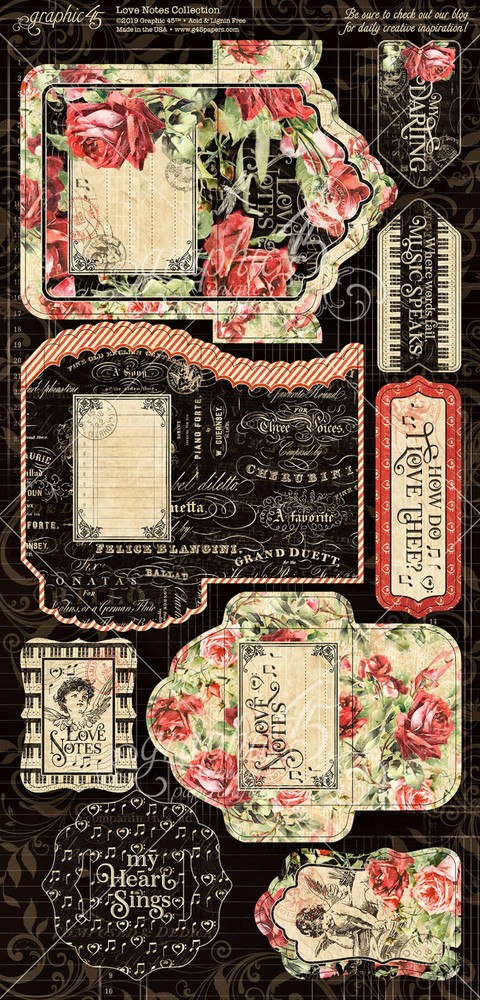 RETIRED Graphic45 LOVE NOTES TAGS & POCKETS DIE-CUTS scrapbooking