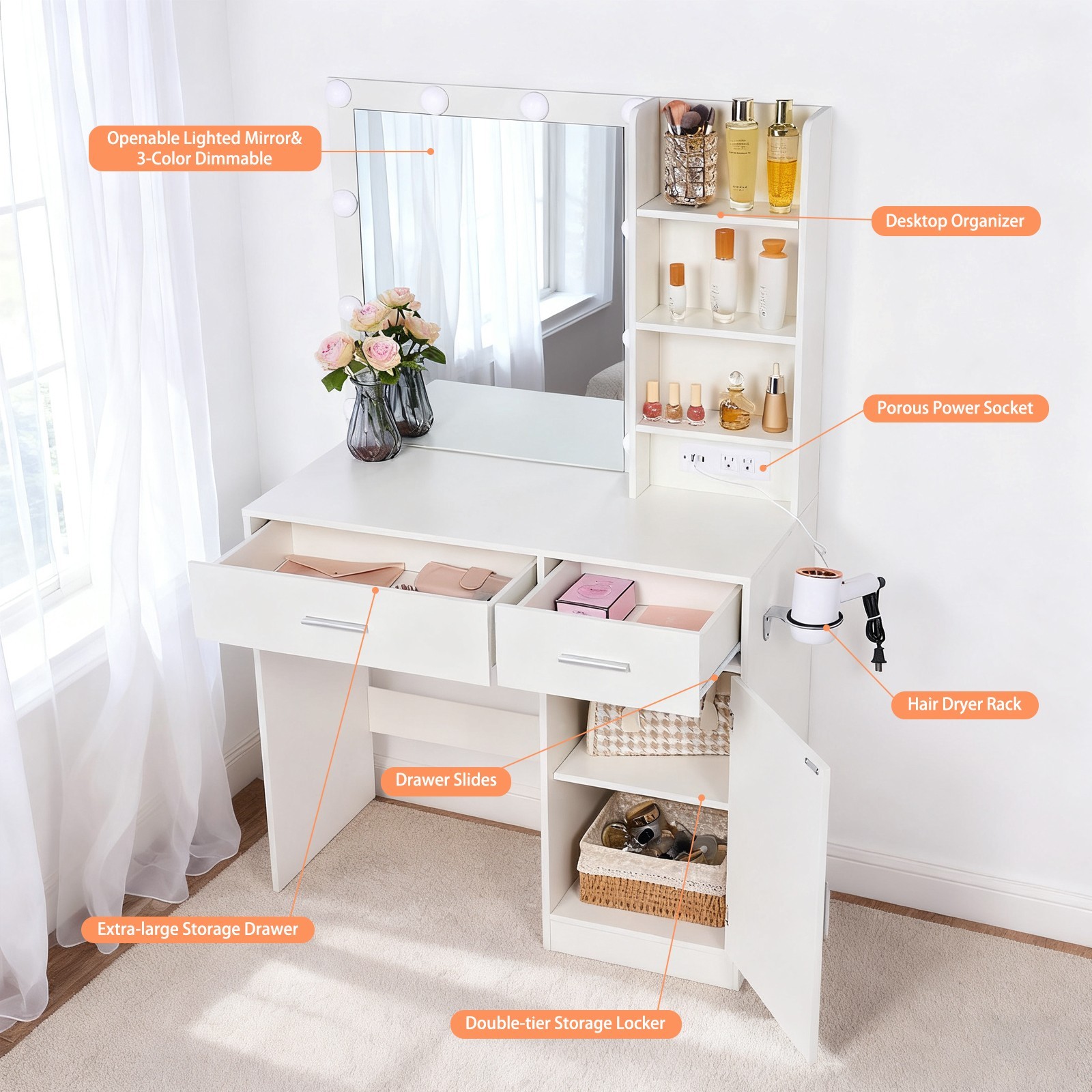 Makeup Vanity Desk with Mirror and 3-Color Light,4 Drawers,Cute Vanity Table