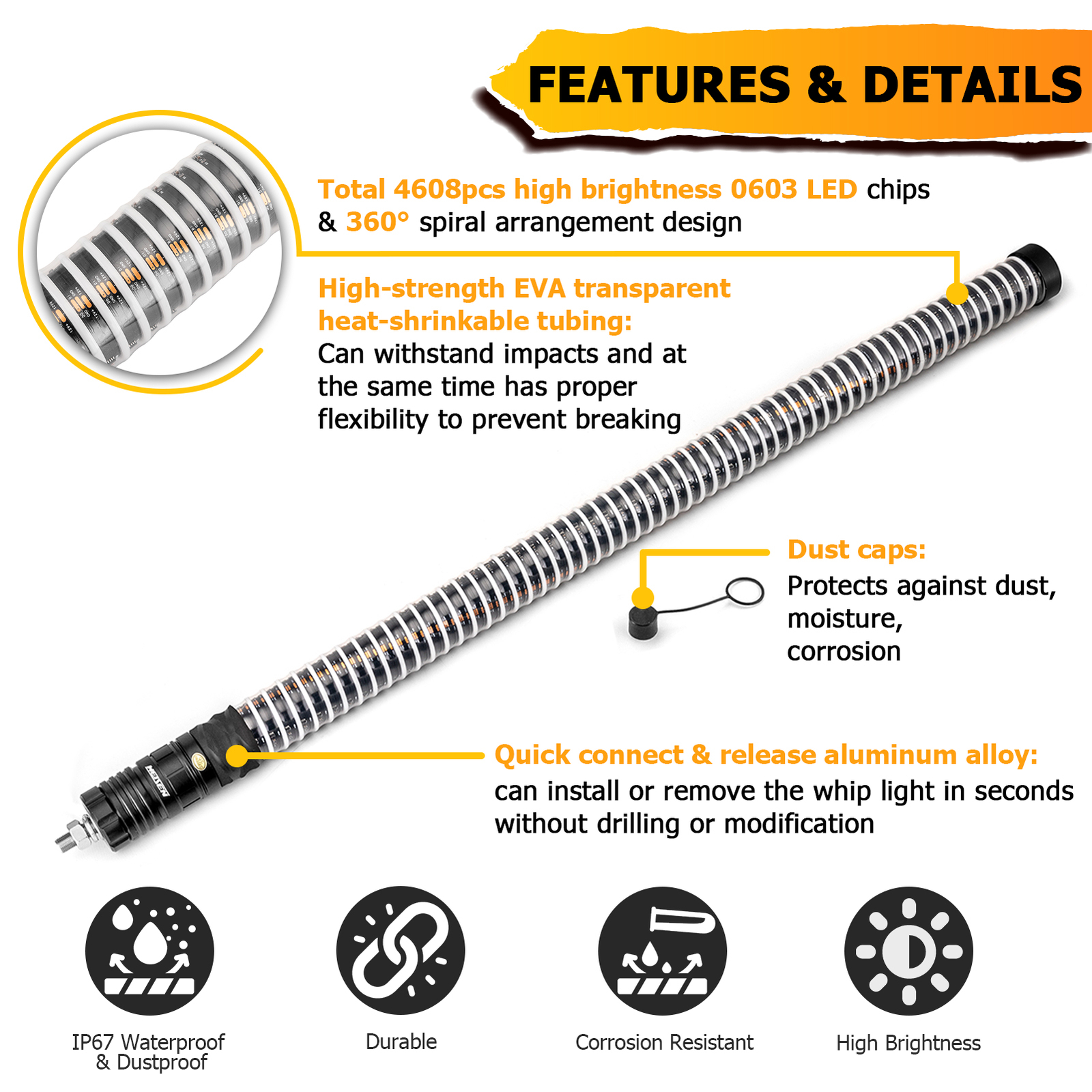 2x 3FT COB Thick LED Whip Spiral Chasing RGB Fat Whip Lights For Can Am Polaris