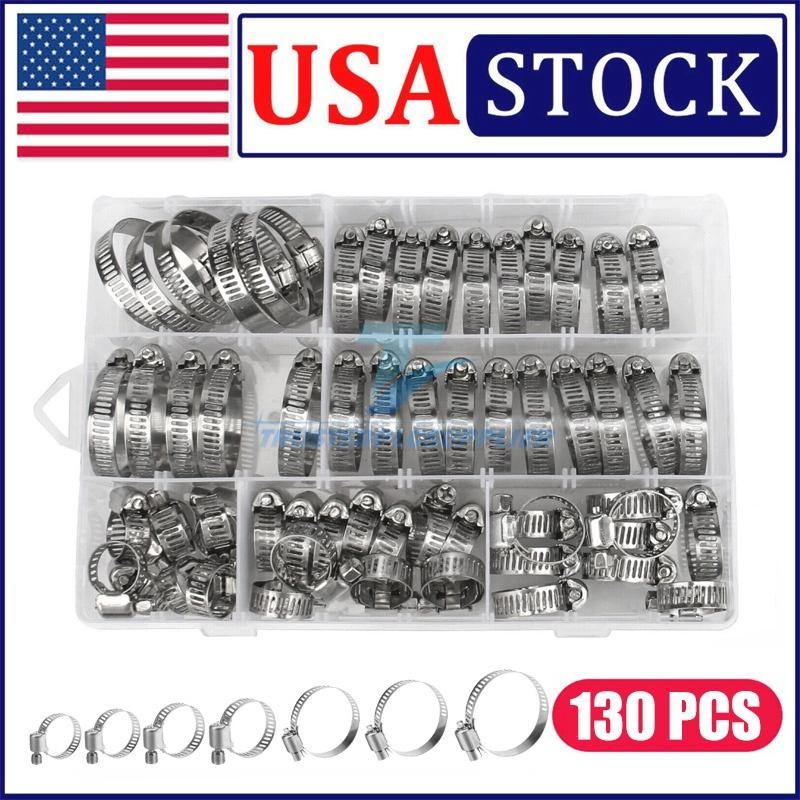 130PC Adjustable Hose Clamps Worm Gear Stainless Steel Clamp Assortment 7 Sizes
