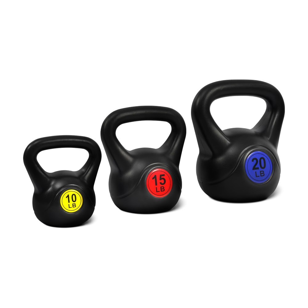 Adjustable Sand-Filled Kettlebell Set, Black, Color-Coded Yellow/Green/Blue