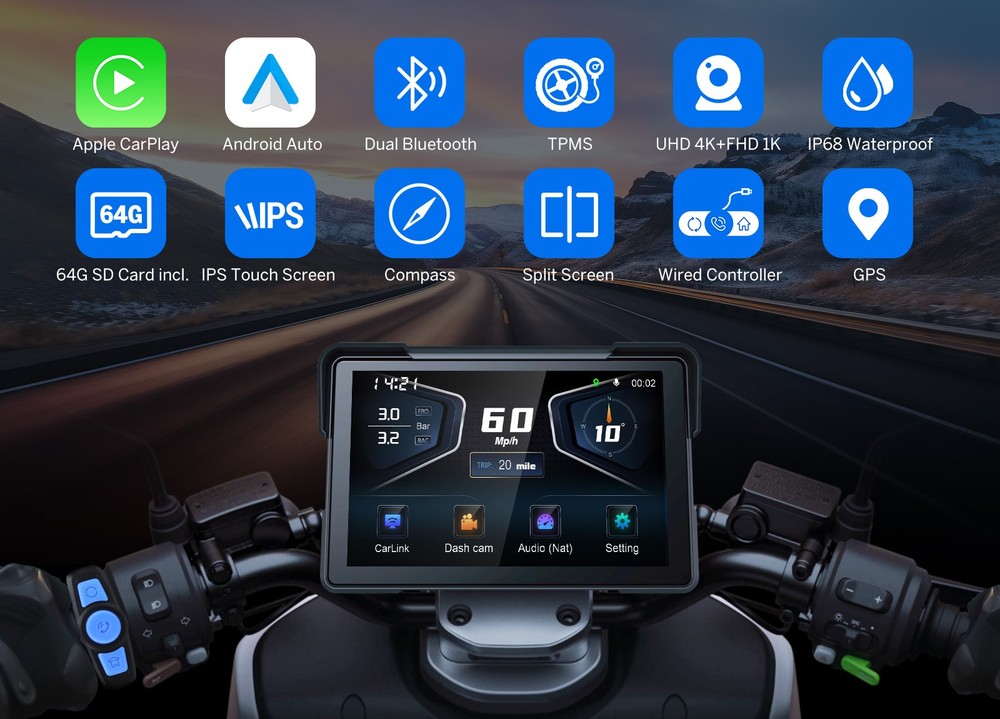 Eonon 7Inch Motorcycle Stereo Bluetooth Wireless Apple CarPlay Android Auto TPMS