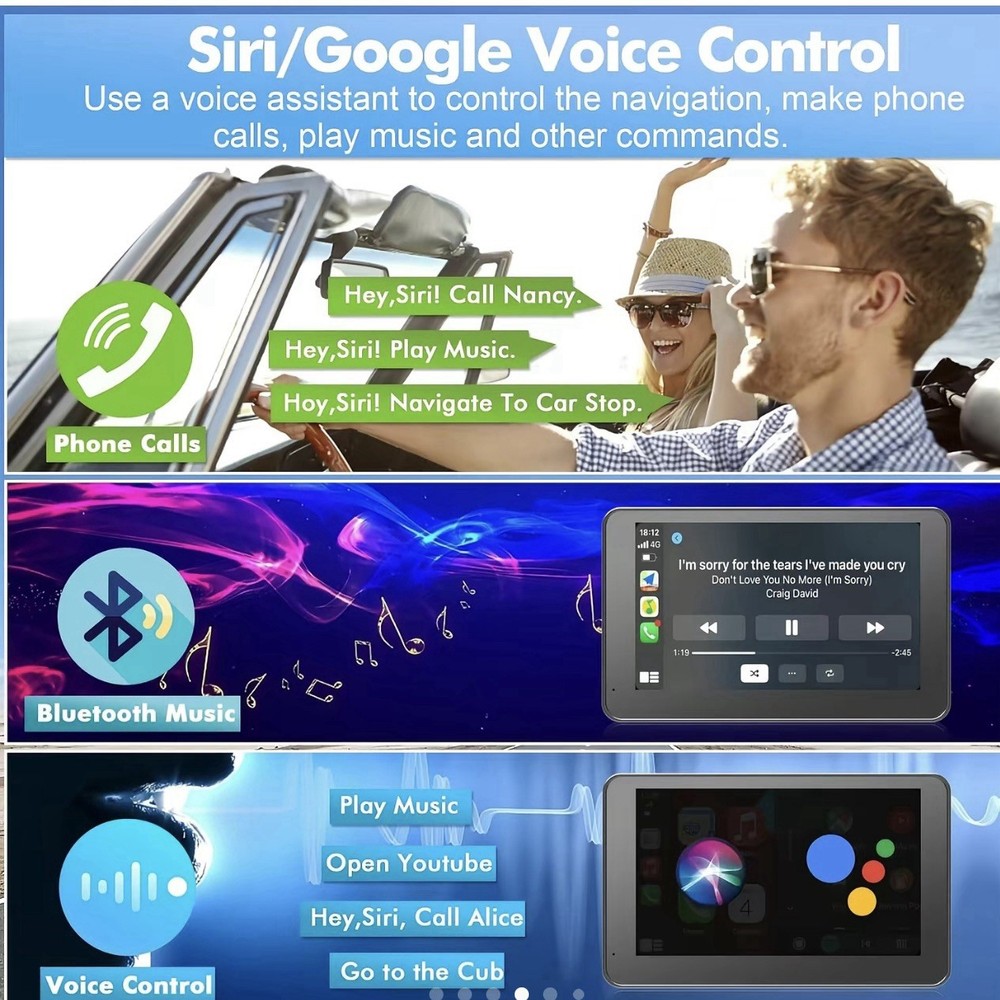 Wireless Carplay & Android Auto Portable 7 Inch Touchscreen Car Stereo Bluetooth