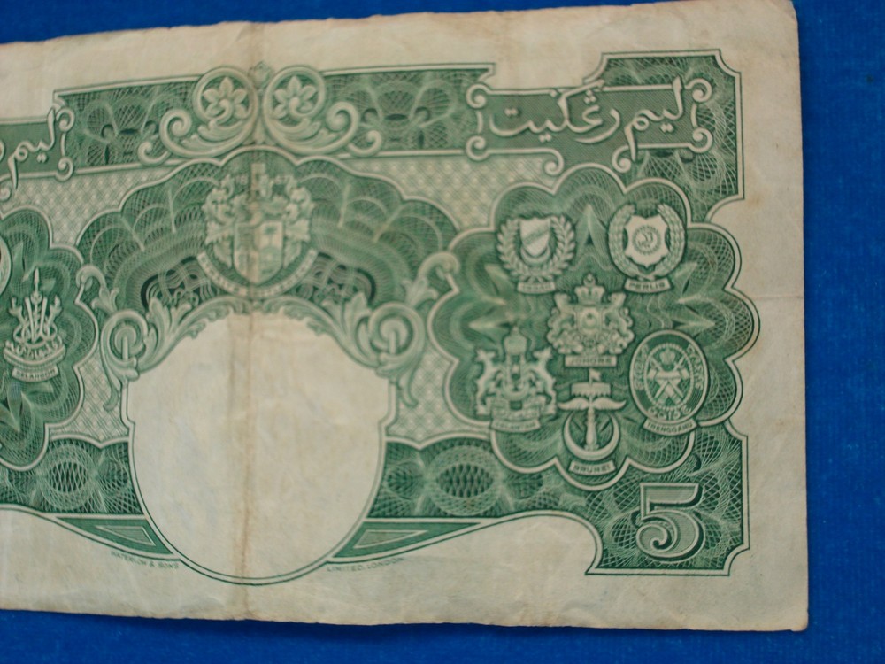 1941 MALAYA & STRAITS SETTLEMENTS FIVE DOLLARS - $5 BANK NOTE - SCARCE NOTE