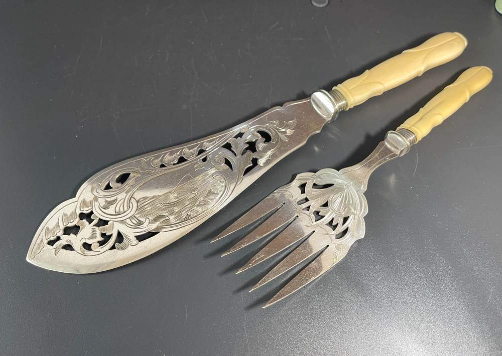 Antique Victorian Silver Plate Serving Fish Knife & Fork Set