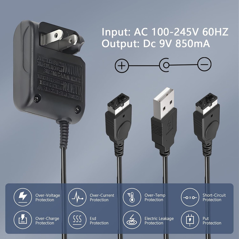Gameboy Advance SP Charger - AC Wall Adapter & USB Charging Cable Compatible wit