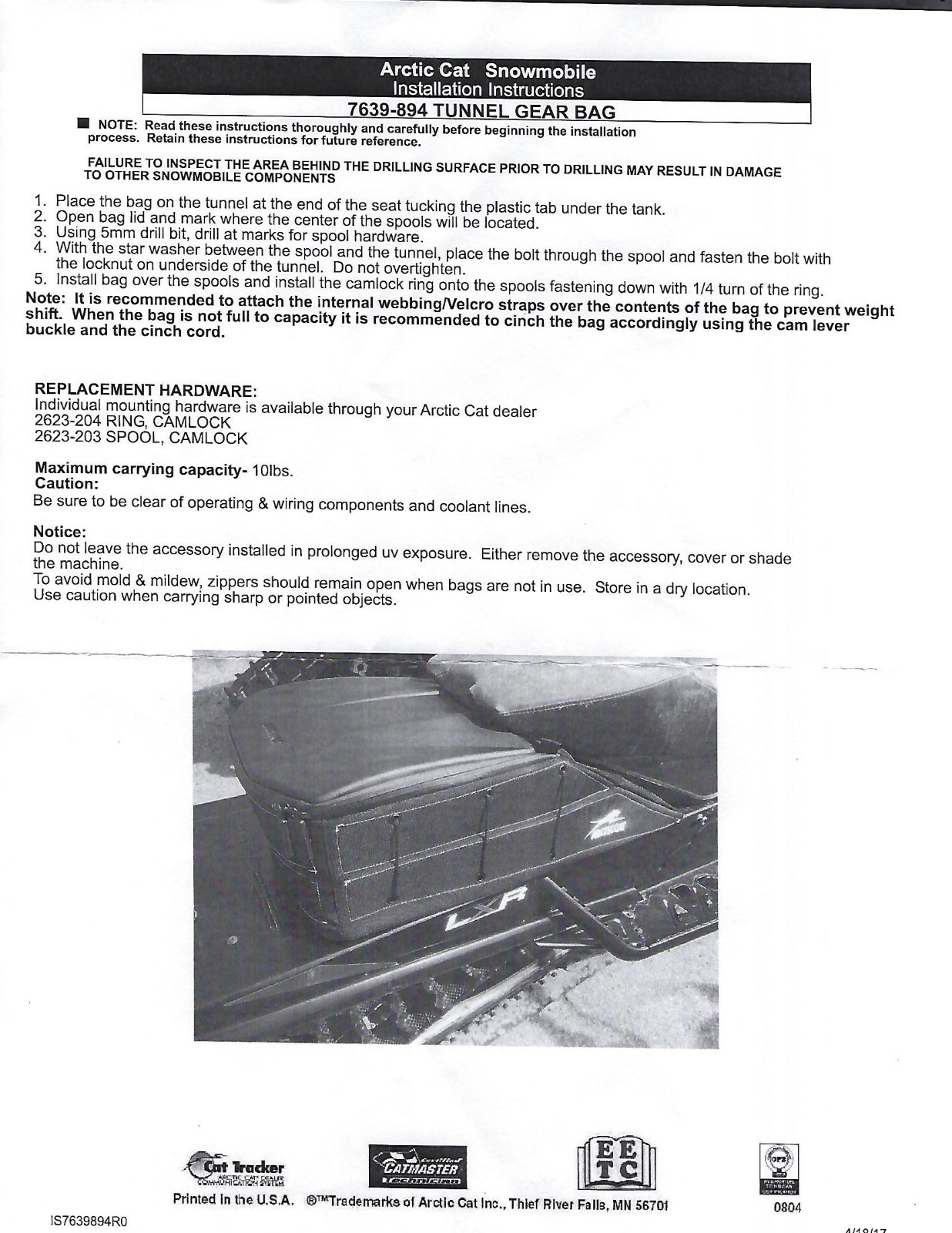 OEM Arctic Cat Snowmobile XL Tunnel Gear Bag Large Storage Pack 7639-894