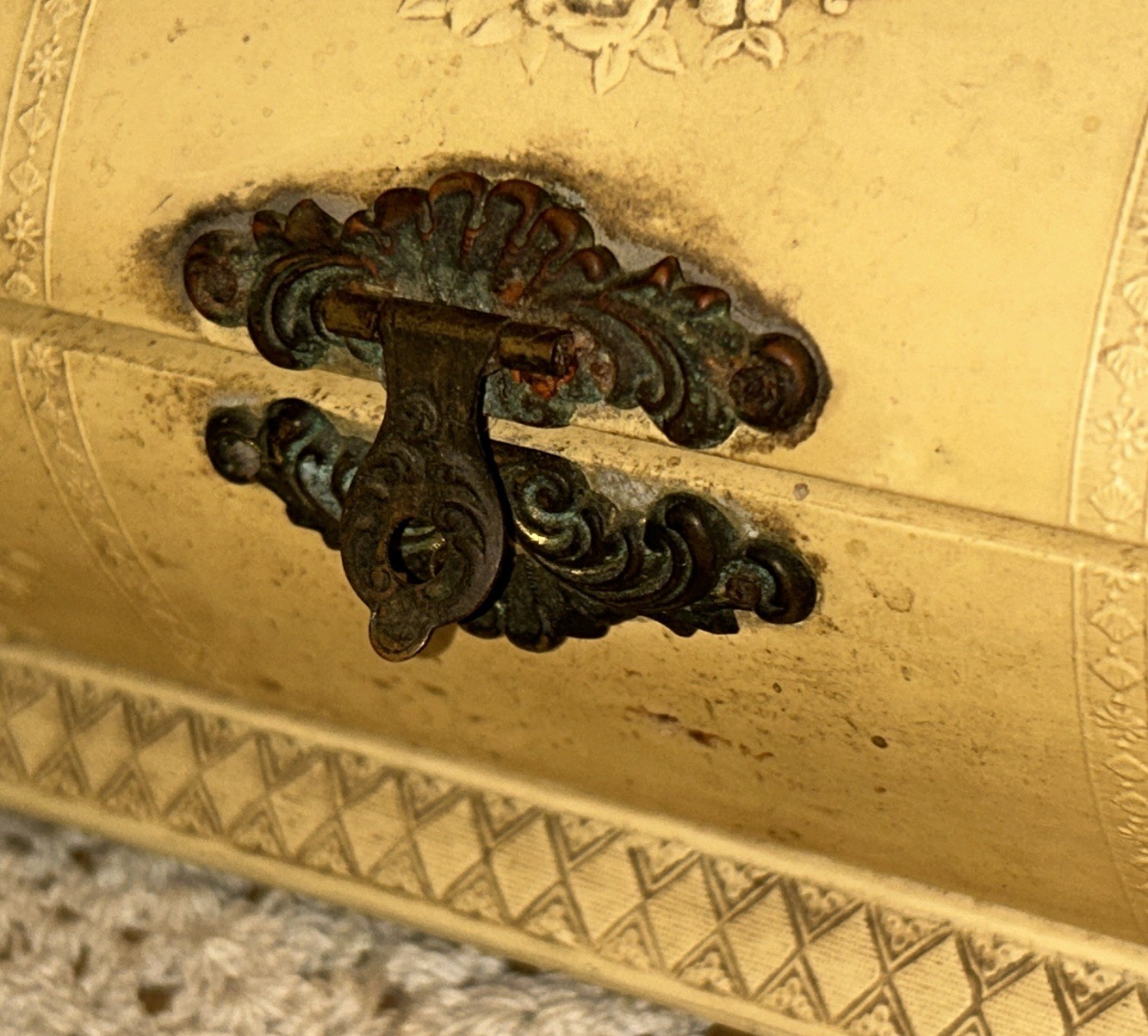 Antique Jewelry Box Engraved Angel Celluloid Wrapped Wood 9x 3.75 Oval Quite Old