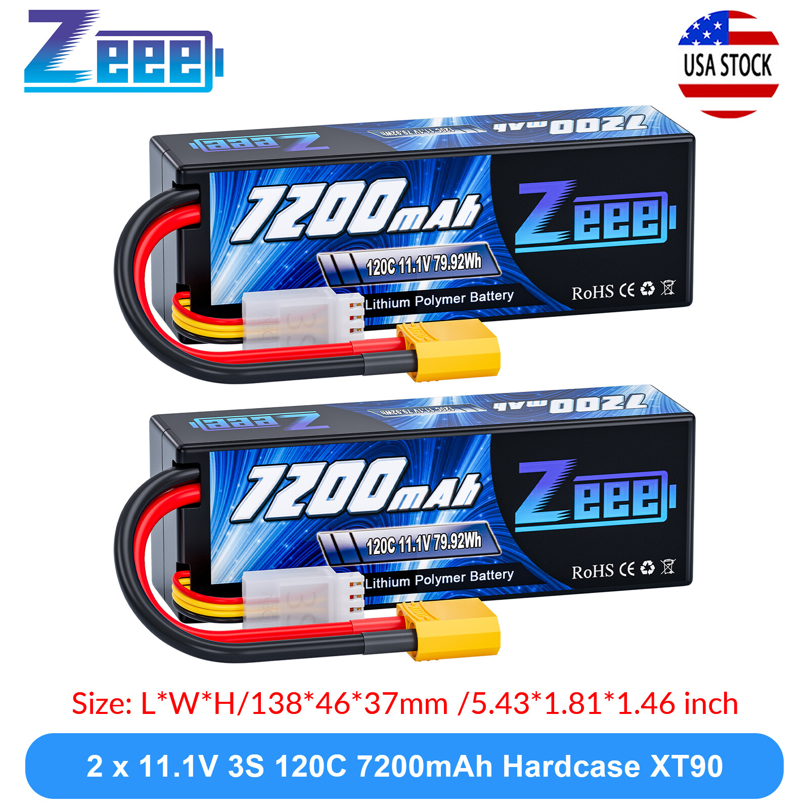 2x Zeee 3S LiPo Battery 7200mAh 11.1V 120C XT90 for 1/8 1/10 RC Car Truck Buggy
