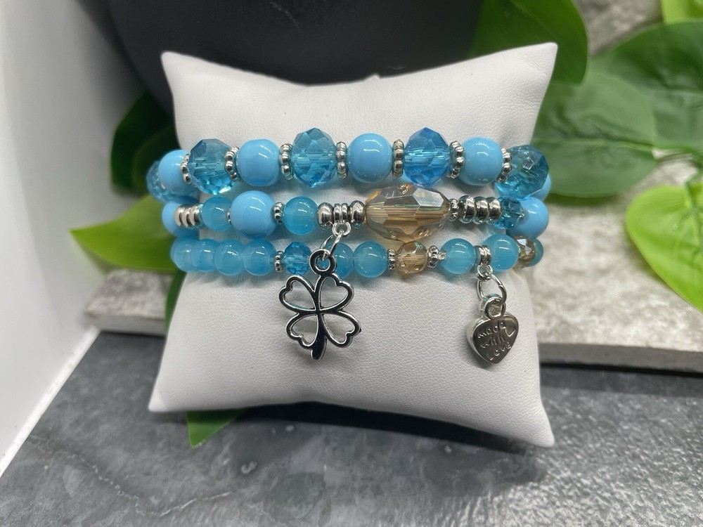 3 PC Handmade Boho Beaded Stackable 7” Plus Stretch Charm Bracelet Set B2747