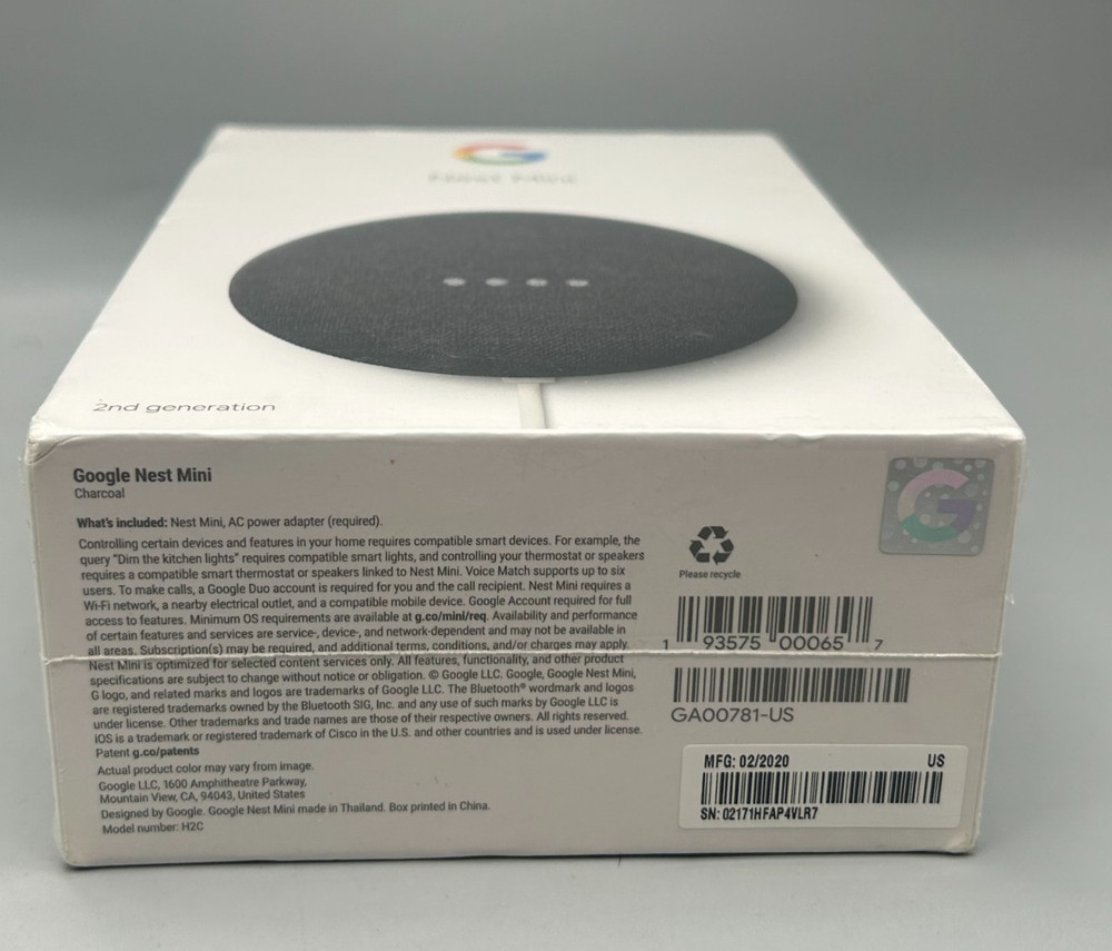 Google Nest Mini (2nd Generation) Smart Speaker Charcoal - Sealed