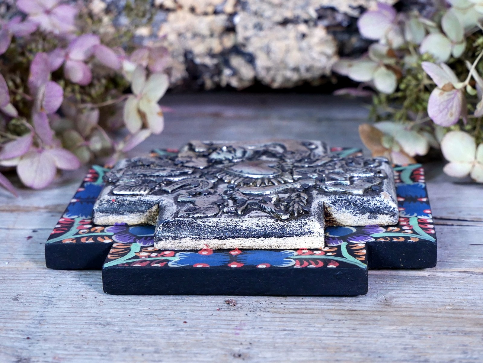 Greek Cross Wood Milagros Hand Painted Floral Boarder Handmade Mexican Folk Art