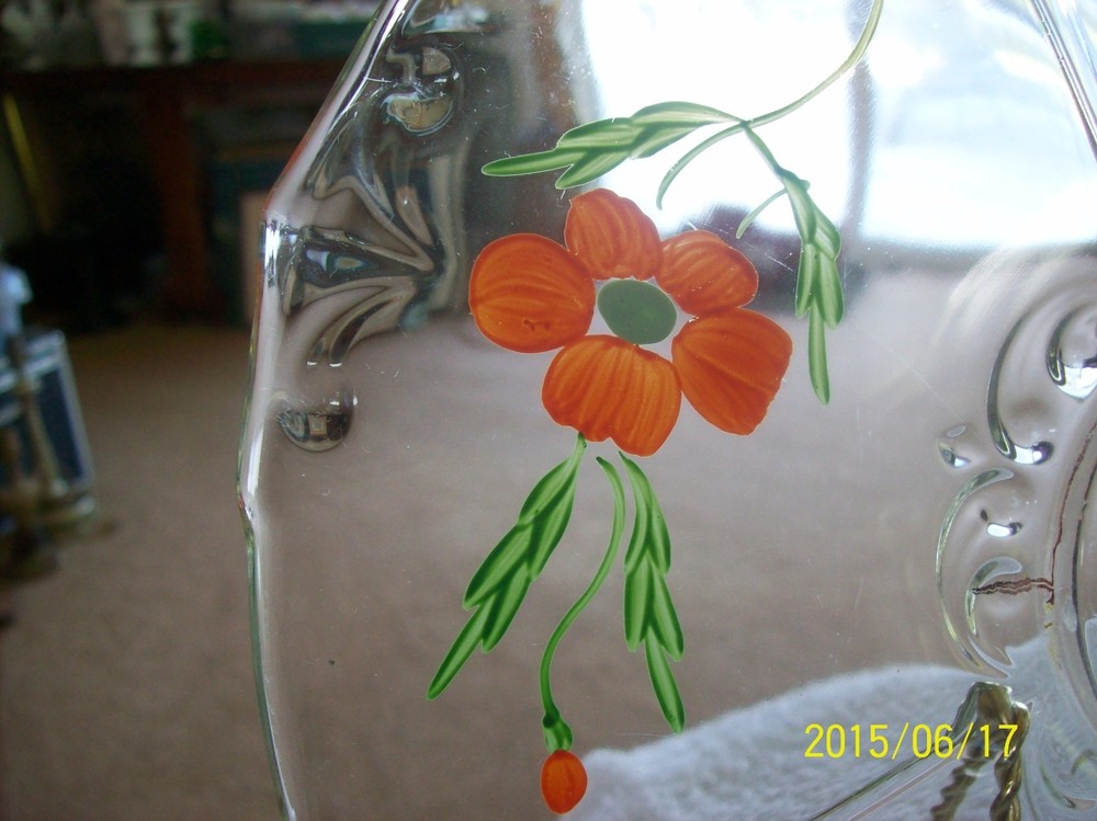 Depression Glass Hand Painted Center Handled Clear Serving Platter