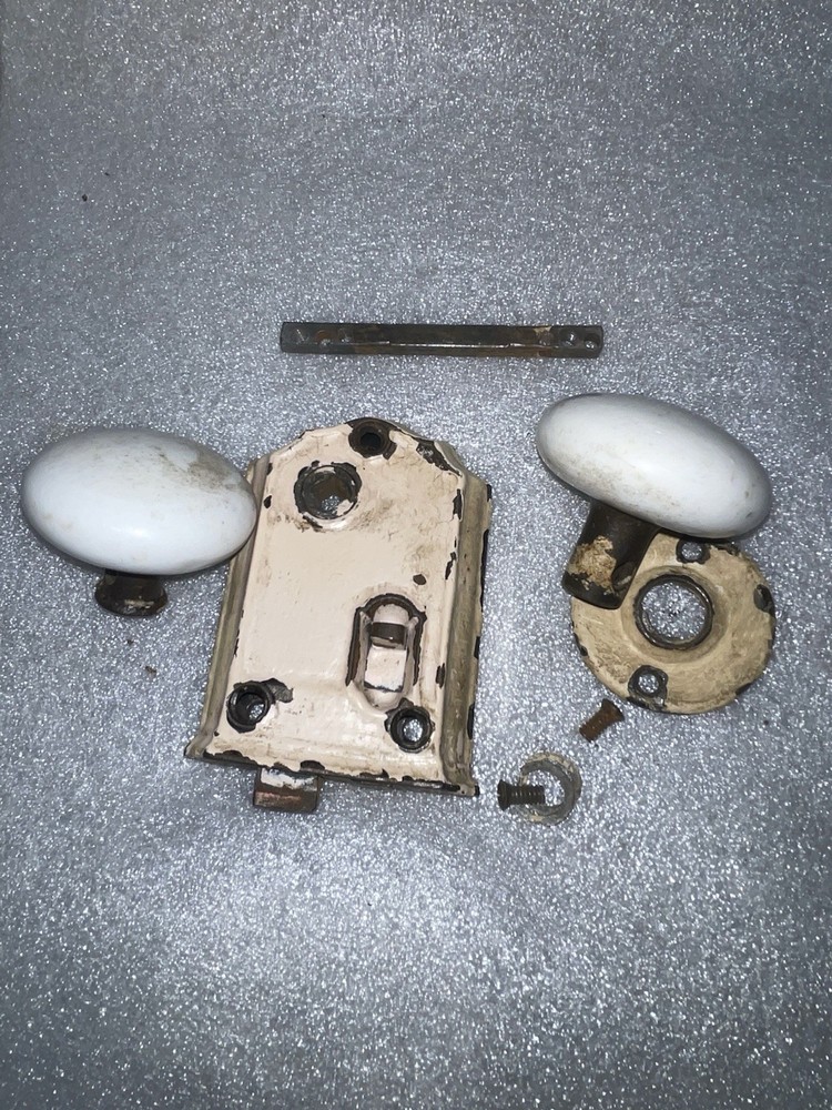 Antique RIM/SURFACE LOCK NICE WHITE DOOR KNOBS &ESCUTCHEON